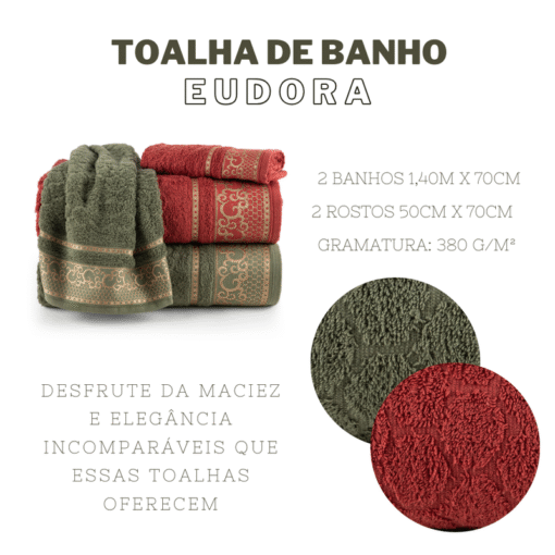Jogo de Banho Eudora 4 Peças Vinho e Verde - Toalhas 100% Algodão - Image 2