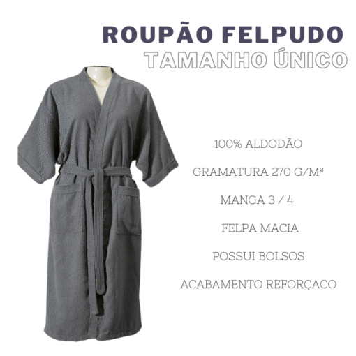 Roupão de Banho Felpudo Adulto 100% Algodão Hipoalergênico Cinza – Tamanho Único - Image 3