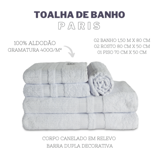 Jogo de Banho Paris 5 Peças Branco 100% Algodão Alta Absorção e Qualidade Superior - Image 4