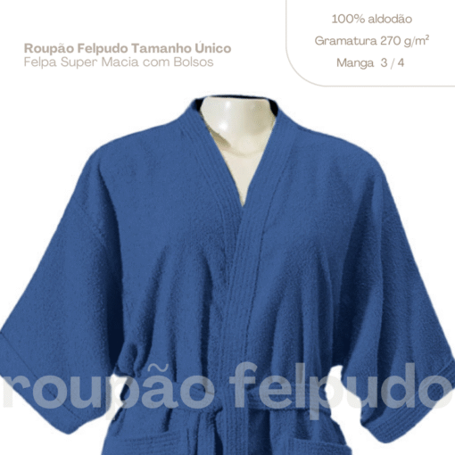 Roupão de Banho Felpudo Adulto 100% Algodão Hipoalergênico Azul – Tamanho Único - Image 3