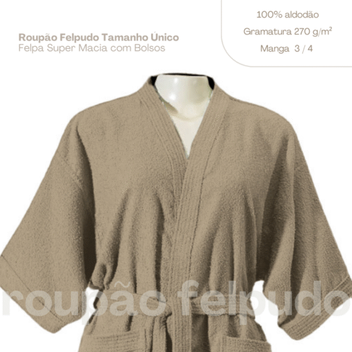 Roupão de Banho Felpudo Adulto 100% Algodão Hipoalergênico Marrom Claro – Tamanho Único - Image 3