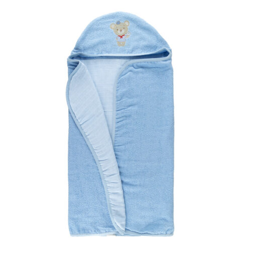 Toalha Baby Fralda com Capuz Bordado 100% Algodão Azul – 70cm x 90cm