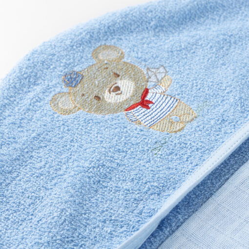 Toalha Baby Fralda com Capuz Bordado 100% Algodão Azul – 70cm x 90cm - Image 2