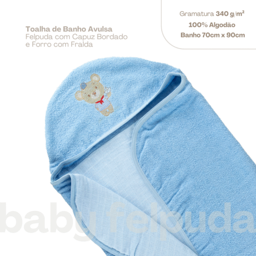 Toalha Baby Fralda com Capuz Bordado 100% Algodão Azul – 70cm x 90cm - Image 4
