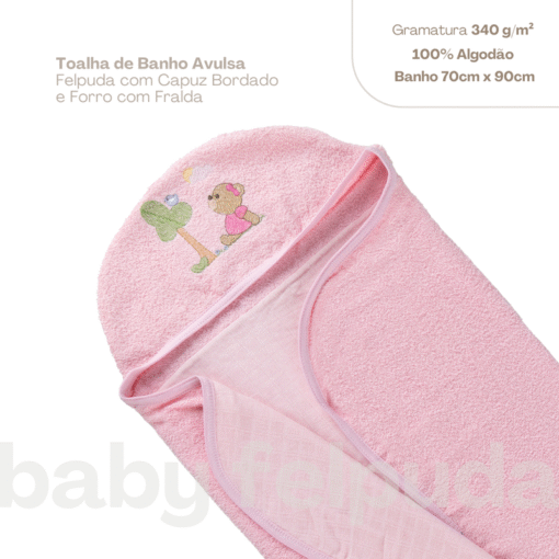 Toalha Baby Fralda com Capuz Bordado 100% Algodão Rosa – 70cm x 90cm - Image 4