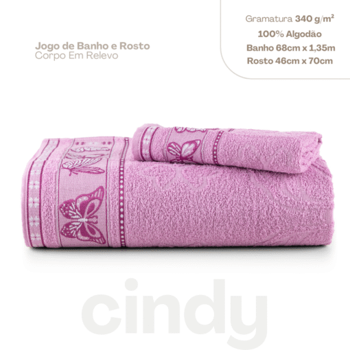 Jogo de Toalhas Cindy 100% Algodão com Borboletas Rosa – 2 Peças - Image 3