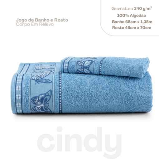 Jogo de Toalhas Cindy 100% Algodão com Borboletas Azul – 2 Peças - Image 3
