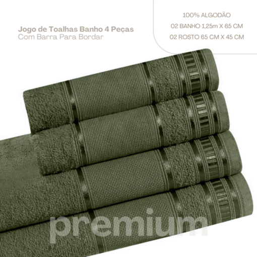 Jogo de Toalha de Banho 4 Peças Premium 100% Algodão Verde Oliva - Image 2