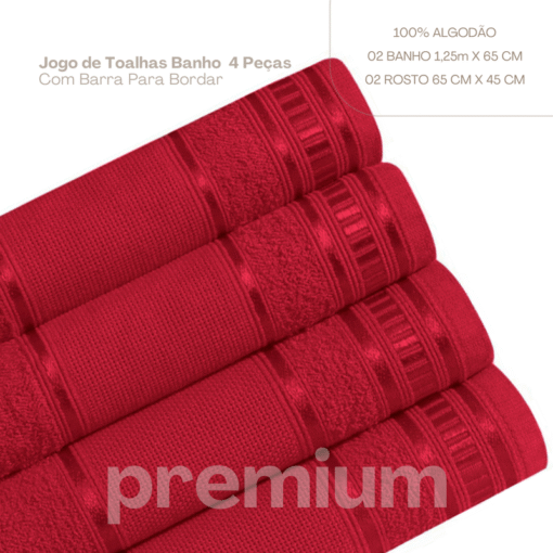 Jogo de Toalha de Banho 4 Peças Premium 100% Algodão Vermelho Veludo - Image 2