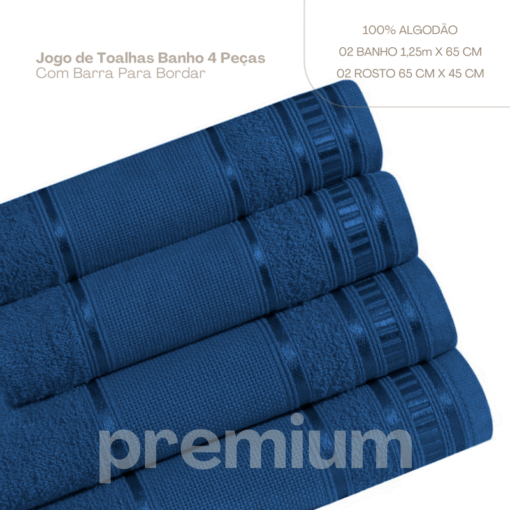 Jogo de Toalha de Banho 4 Peças Premium 100% Algodão Azul - Image 2