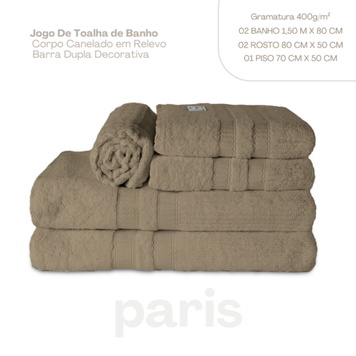 Jogo de Banho Paris 5 Peças Bege Cogumelo 100% Algodão Alta Absorção e Conforto - Image 5
